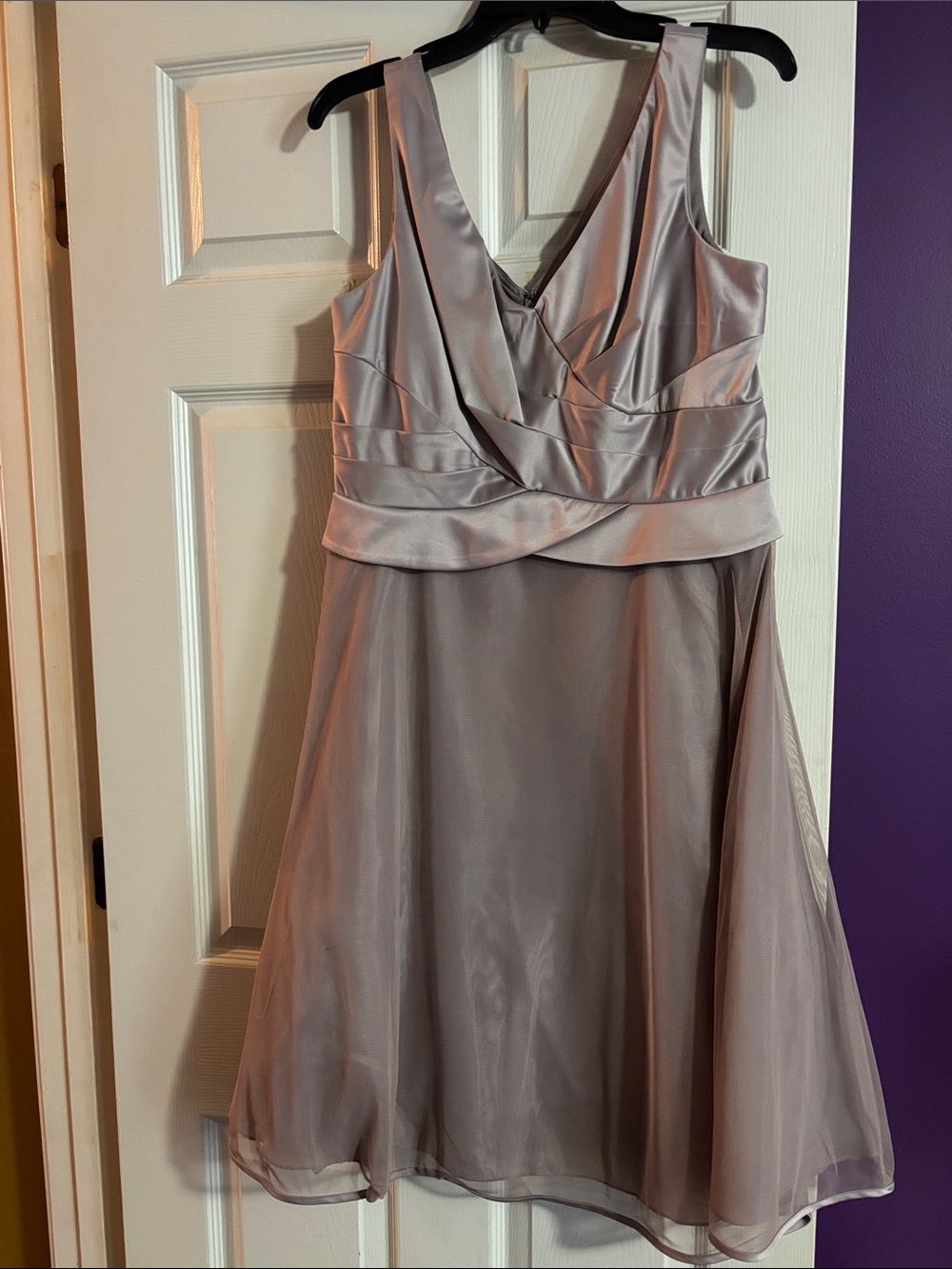 S.L. Fashions Tan V-Neck Satin & Chiffon Midi Dress